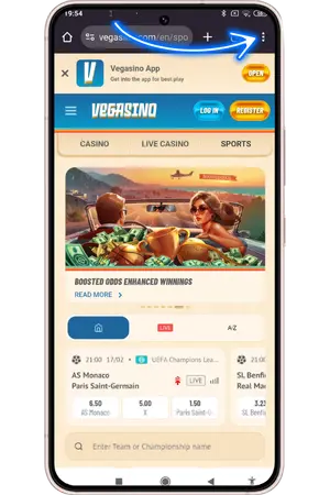 Chrome three-dot menu on Vegasino mobile site